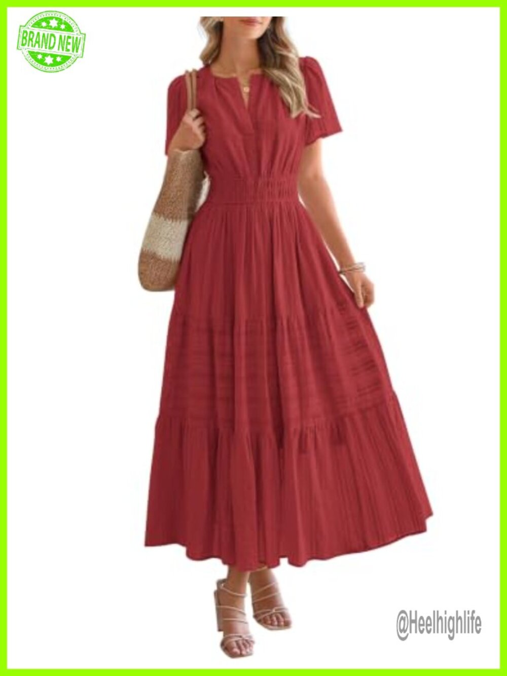 Women's Casual Maxi Dress Short Sleeve V Neck Tiered Ruffle Pockets